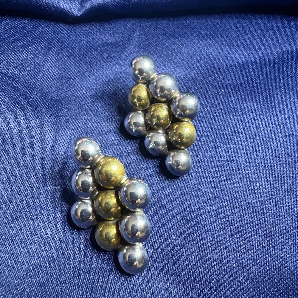 Earrings TAXCO Solid Sterling Silver and Gold Ball Marquise Shape Design - Picture 3 of 9